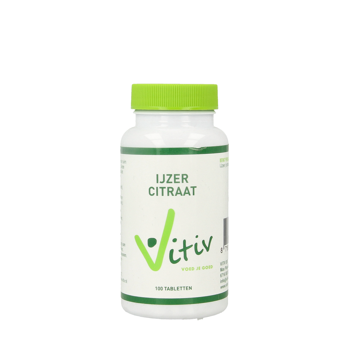 Vitiv IJzer Citraat mineral tablets in a bottle, dietary supplement for iron and mineral support, shown in the image.