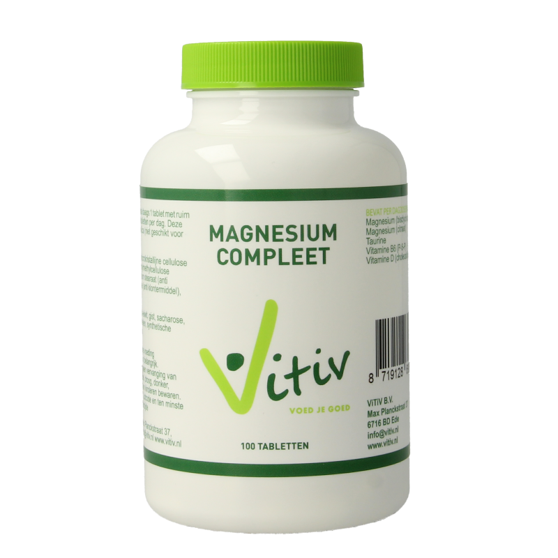 Vitiv Magnesium Compleet met Taurine supplement in a bottle of 100 tablets, featuring mineral and taurine blend for daily health support.