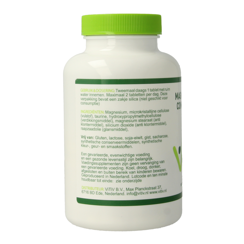 Vitiv Magnesium compleet met taurine in 100 tabletten, mineralen supplement showing the bottle and tablets.