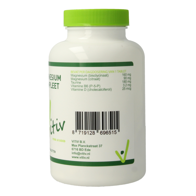 Vitiv Magnesium compleet met taurine supplement in 100 tabletten, showing the bottle and label with mineral tablets.