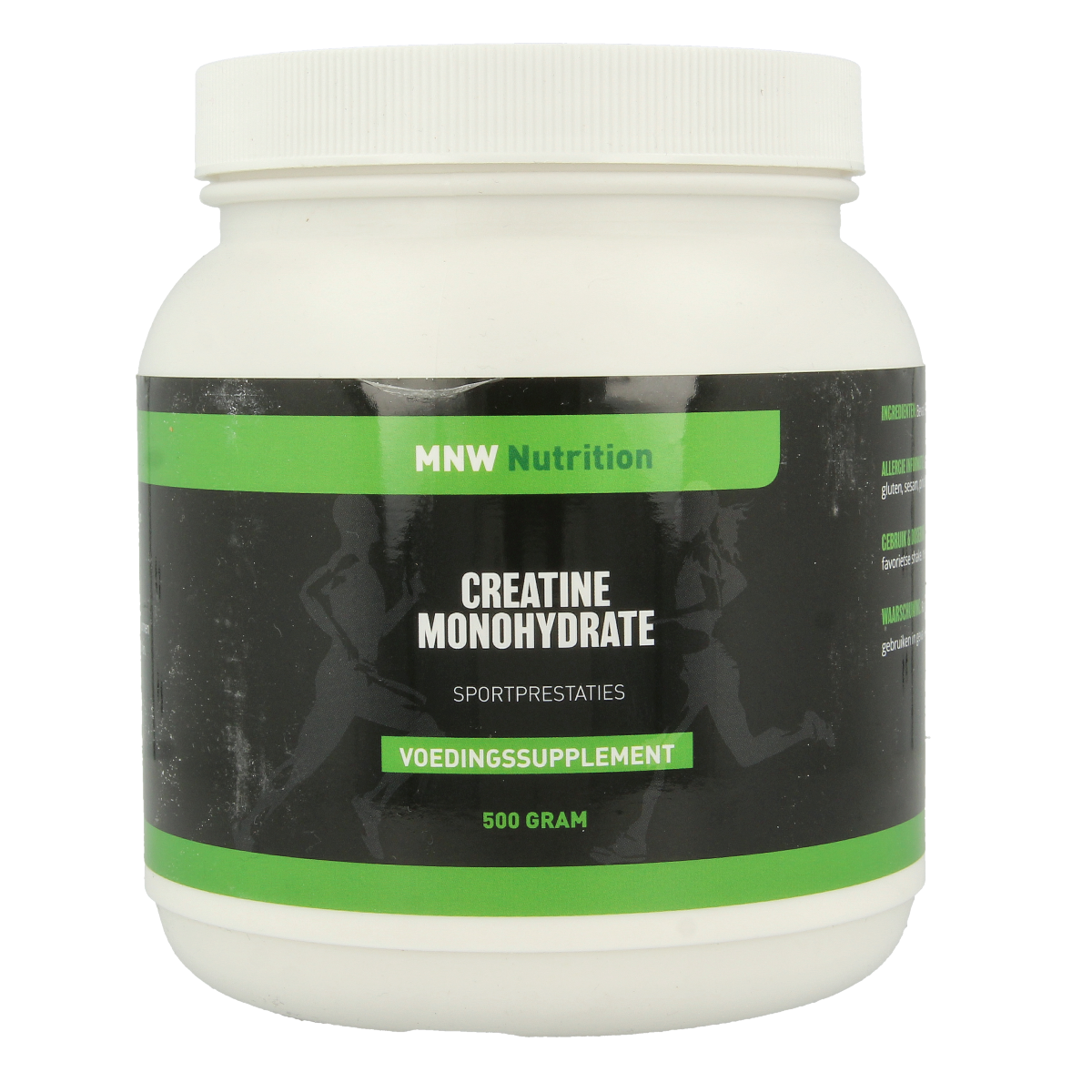 MijnNatuurwinkel Creatine Monohydrate 500g container, powder supplement for muscle energy, shown in a clear jar with label