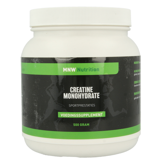 MijnNatuurwinkel Creatine Monohydrate 500g container, powder supplement for muscle energy, shown in a clear jar with label