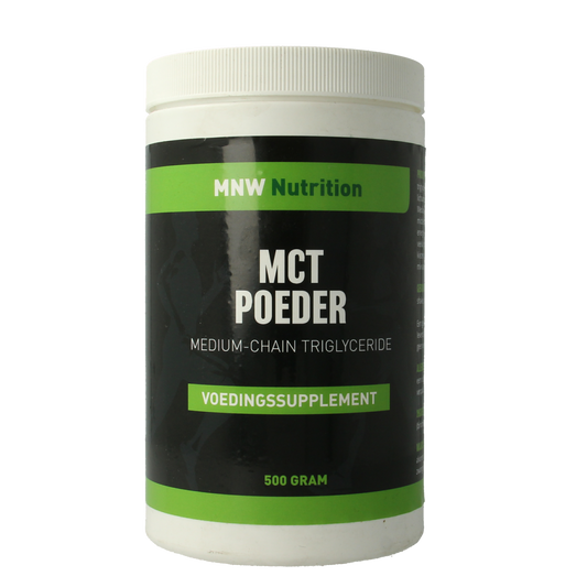 Vegan MijnNatuurwinkel MCT poeder in een 500 gram verpakking, geschikt als vetzuren supplement, zichtbaar in de afbeelding.