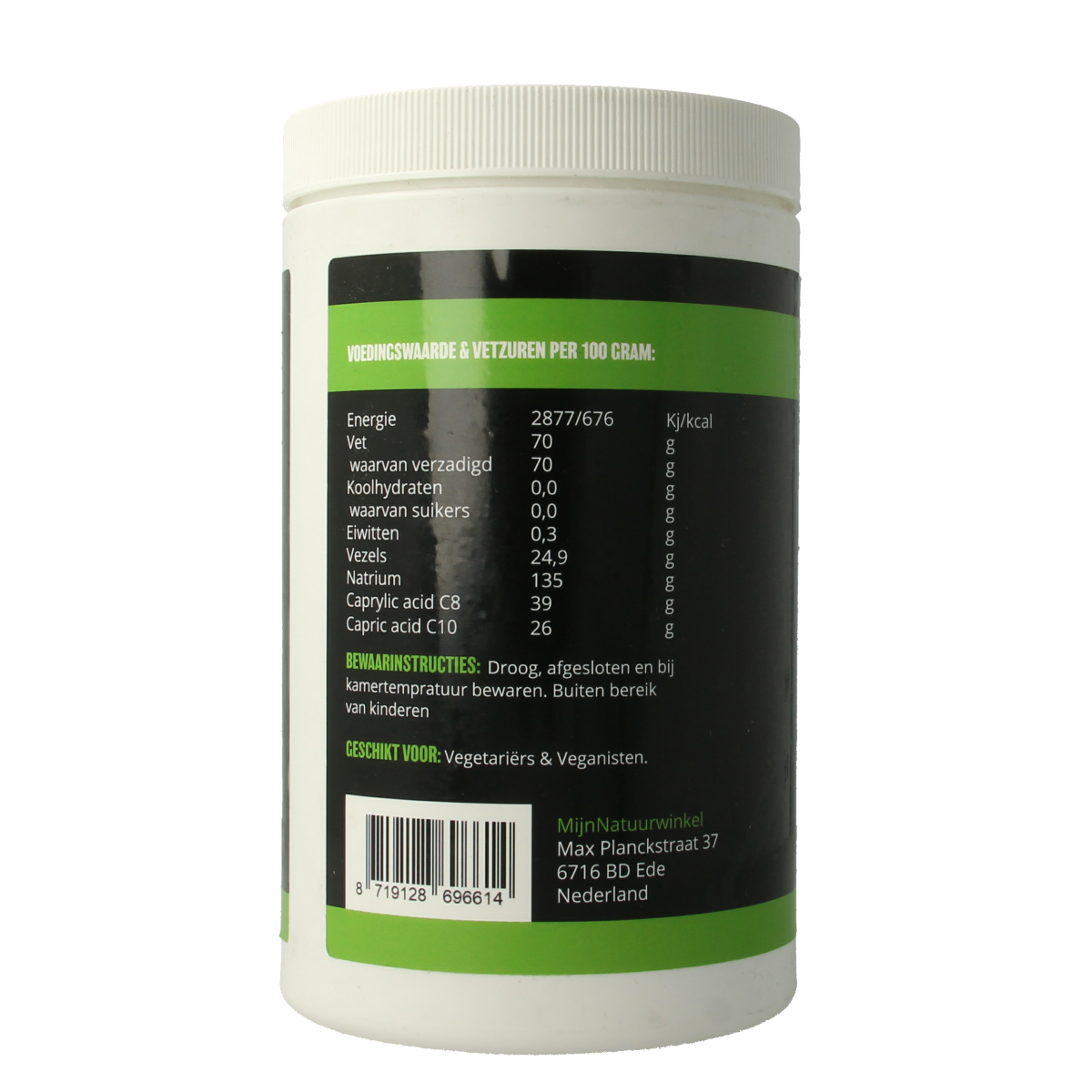 Vegan MCT powder by MijnNatuurwinkel in 500g container, showing the label and product packaging.