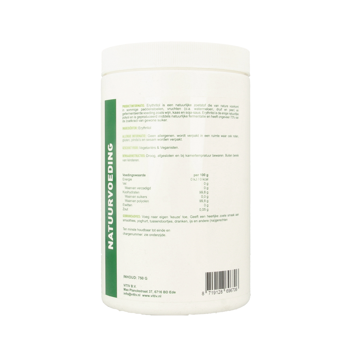 Vitiv Erythritol 750g, a natural sugar substitute in a clear plastic bag, used as a low-calorie sweetener.