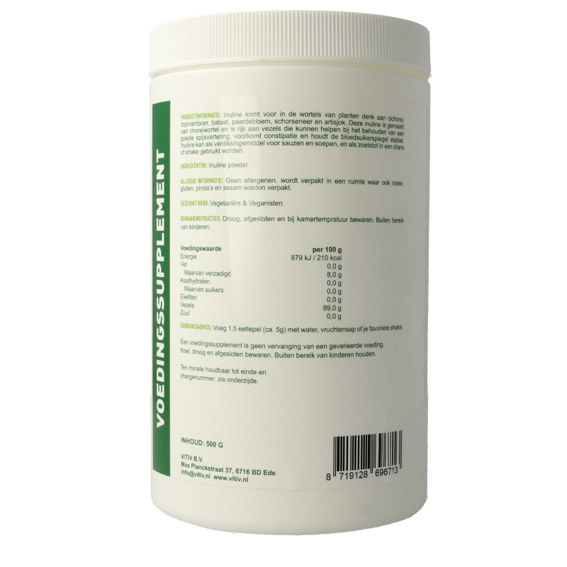 Vitiv Inuline poeder 500g in kruidenpreparaten package, white powder in transparent container with label.