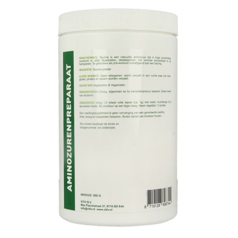 Vitiv Taurine powder in a 500g container, a dietary supplement of amino acids for health and fitness.