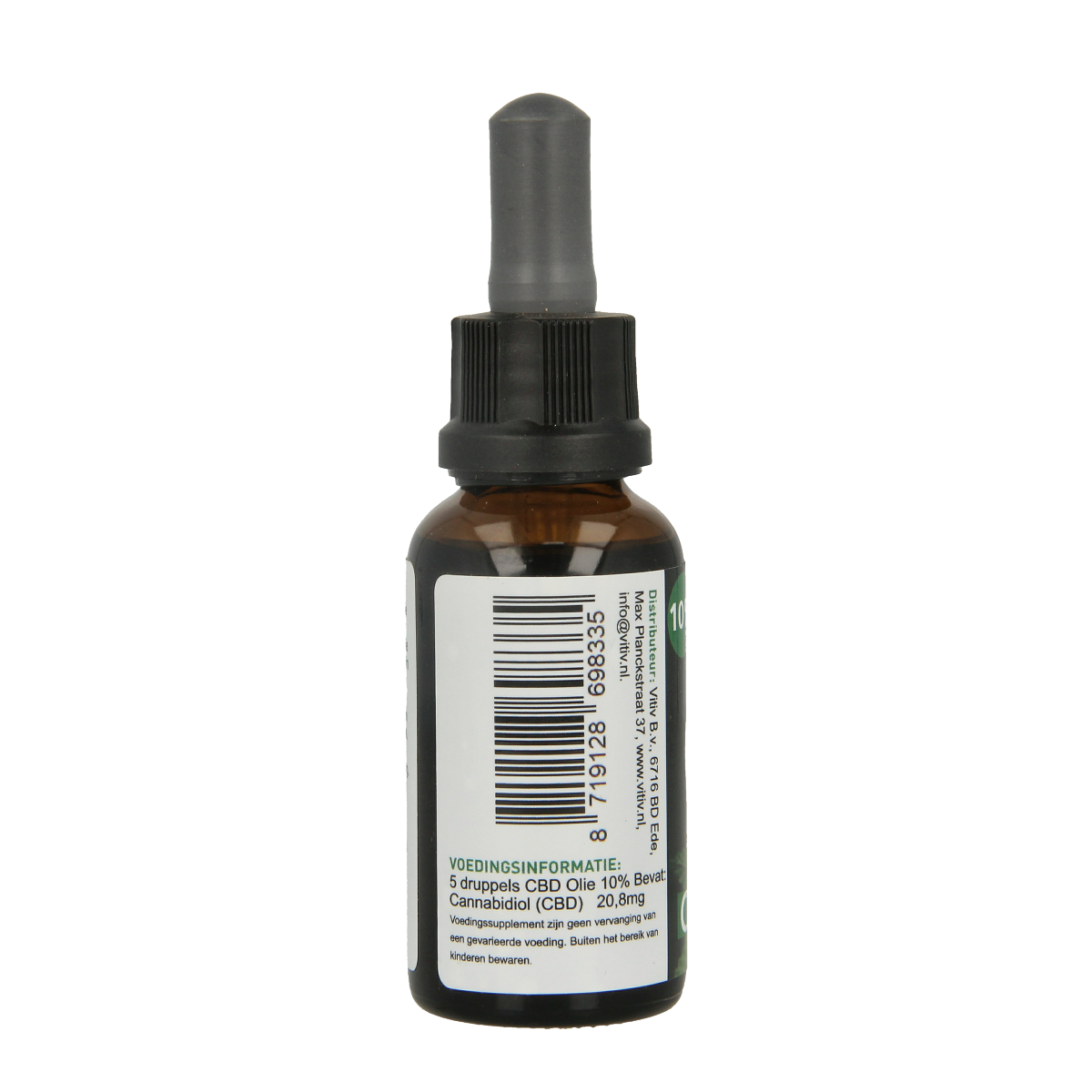 Vitiv CBD olie 10% herbal preparation in a 30ml bottle, featuring a dropper cap for easy use.