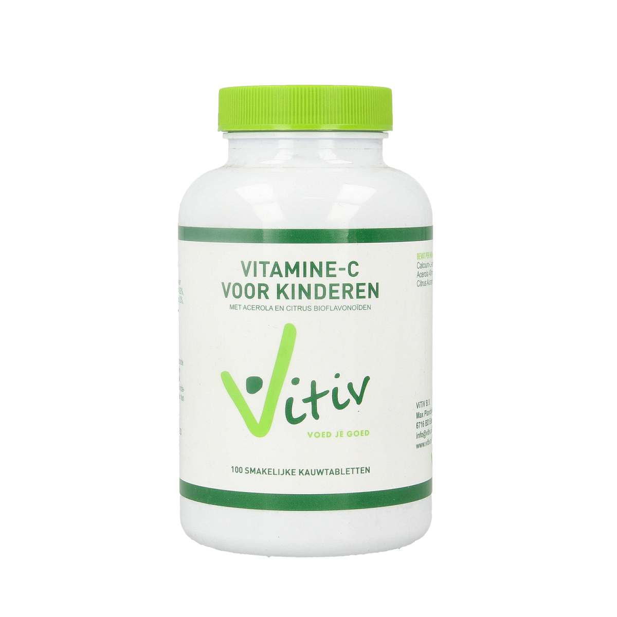 Vitiv Kinder vitamine C zuurvrije 120mg chewwable tablets, orange flavor, for children’s immune support, shown in the image.