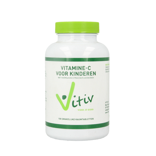 Vitiv Kinder vitamine C zuurvrije 120mg chewable tablets, natural orange flavor, for children's immune support.