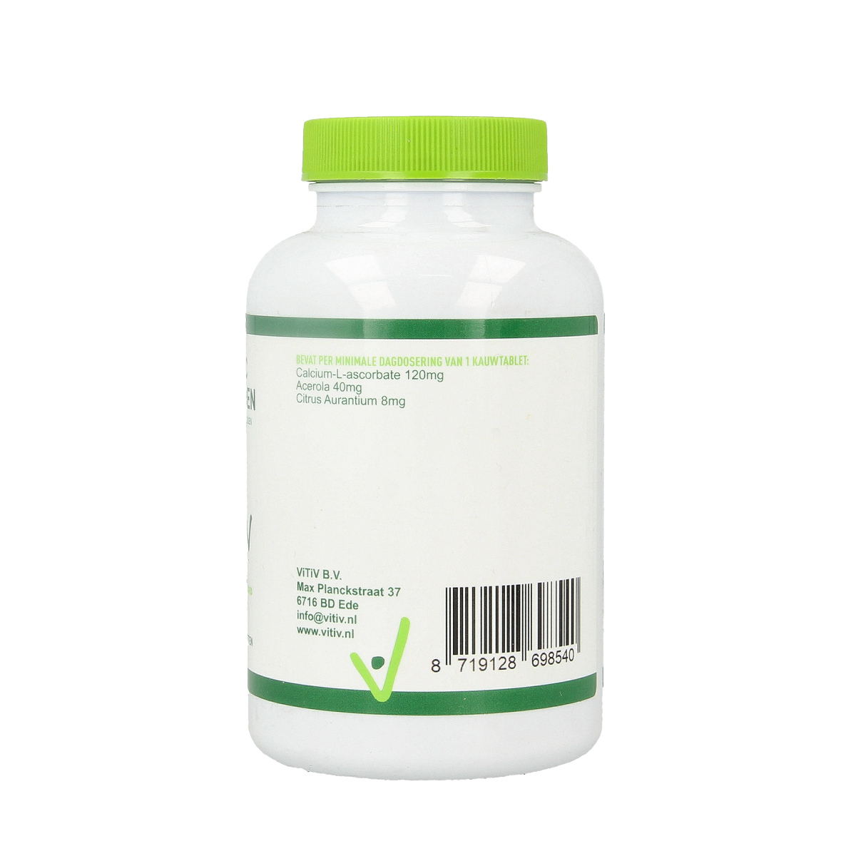 Vitiv Kinder vitamine C zuurvrij 120mg chewable tablets, natural orange flavor, for children's immune support.