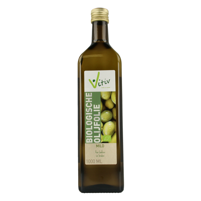 Vitiv biologische olijfolie voor mild bakken en braden, 1 liter fles, met groene olie en label zichtbaar