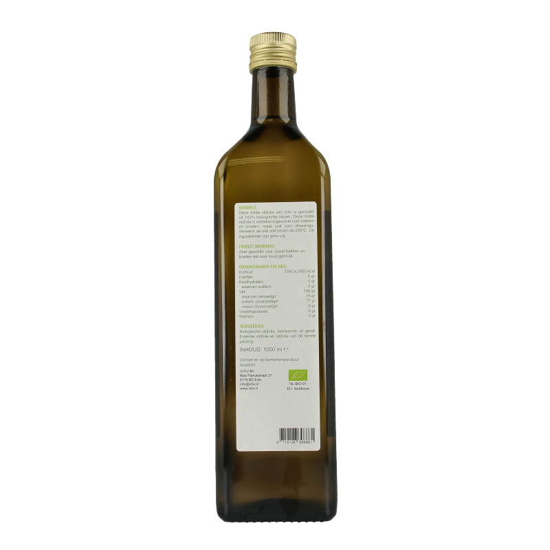Vitiv organic mild olive oil for baking and frying in a 1-liter bottle, shown in a clear glass container with a green label.