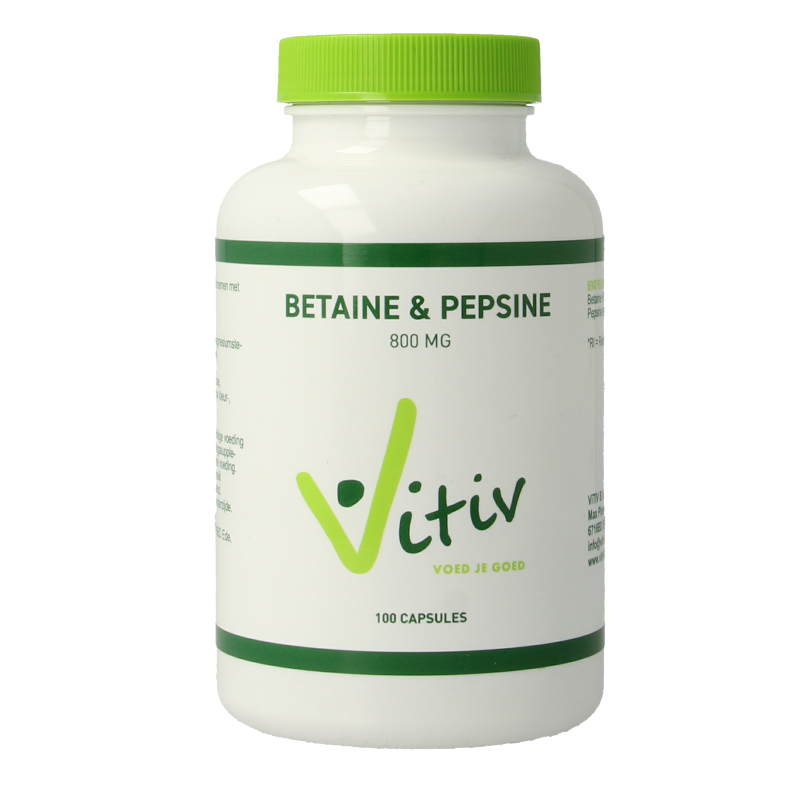 Vitiv Betaine HCL & pepsin amino acid capsules, 100-count bottle, supplement for digestive health and enzyme support.