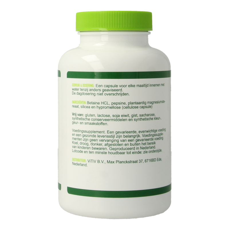 Vitiv Betaine HCL and pepsine amino acid capsules in a bottle, dietary supplement for digestive health.