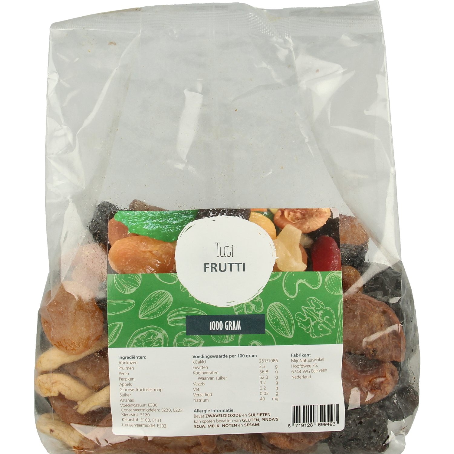 MijnNatuurwinkel Tutti Frutti snack in a 1kg bag, colorful dried fruit mix for healthy snacking and fruit lovers.