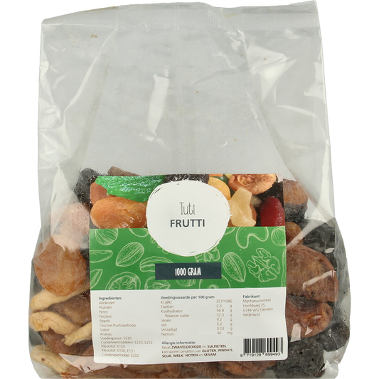 MijnNatuurwinkel Tutti Frutti snack in a 1kg bag, colorful dried fruit mix for healthy snacking and fruit lovers.