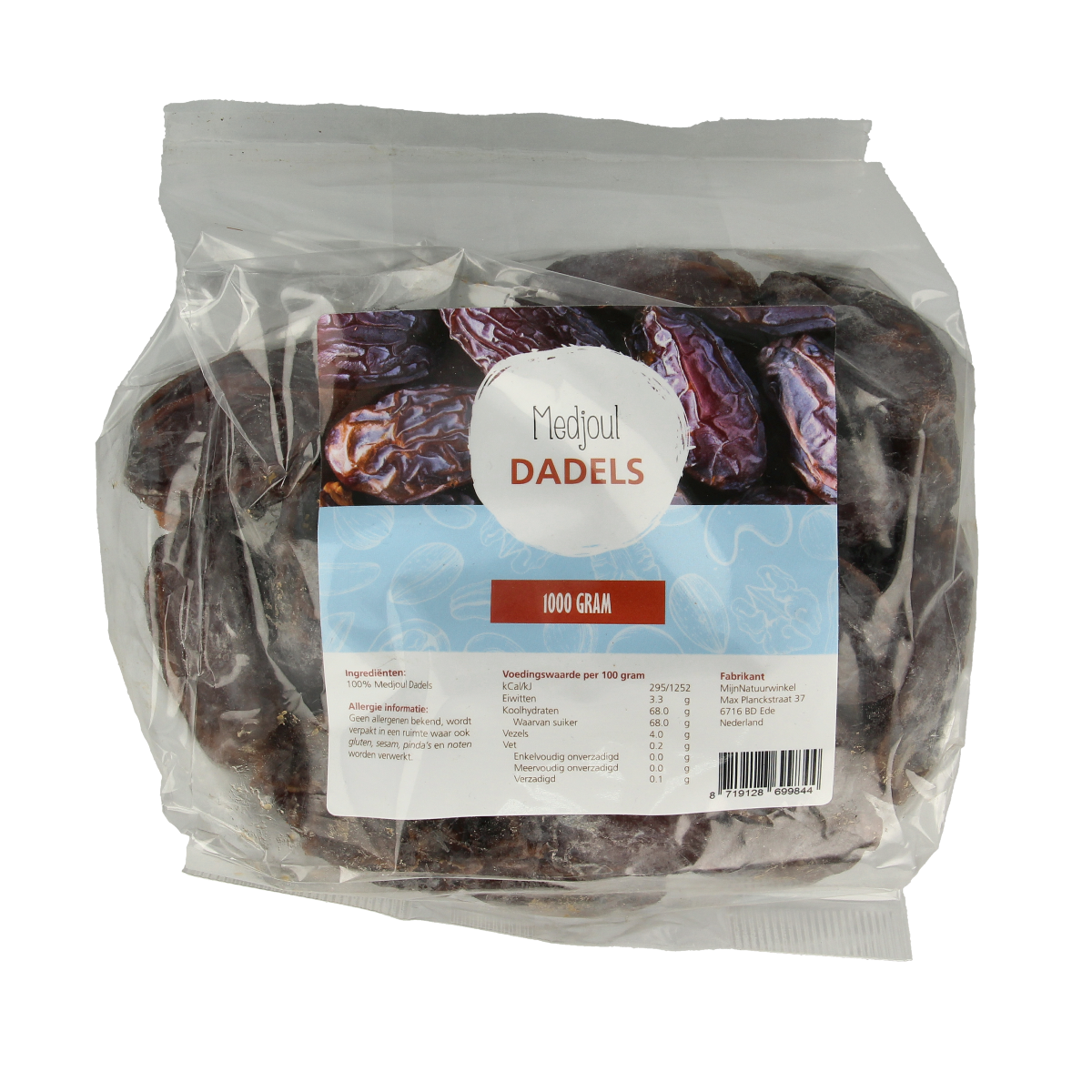 MijnNatuurwinkel Medjoul dadels in 1 kg bag, showcasing plump, glossy Medjoul dates on a white background.