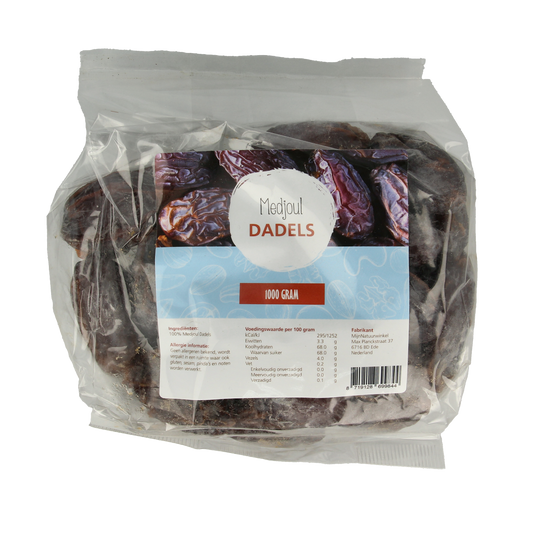 MijnNatuurwinkel Medjoul dadels in 1 kg bag, showcasing plump, glossy Medjoul dates on a white background.