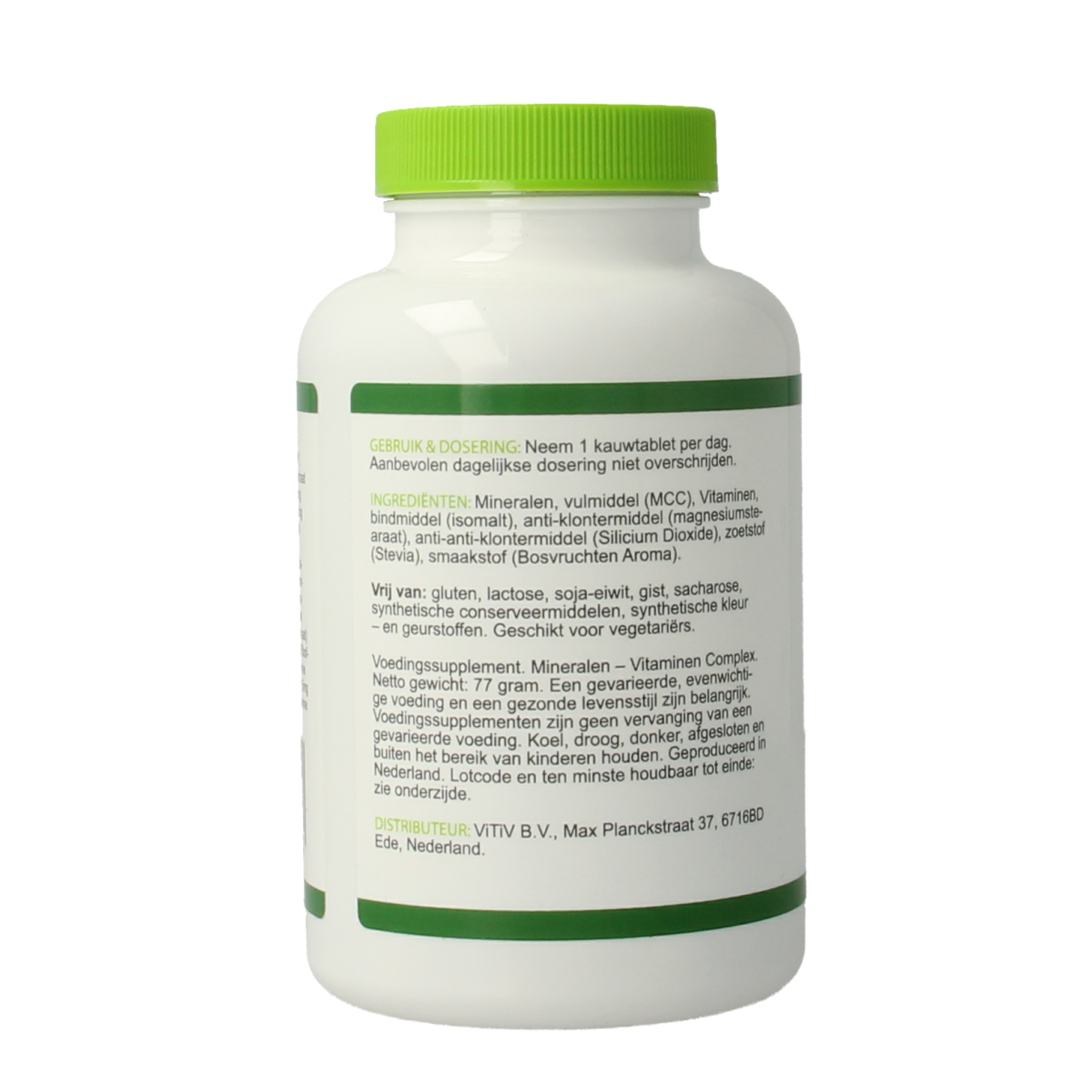 Vitiv multivitamine voor kinderen in kauwtabletten, colorful chewable vitamin supplement for kids' daily nutrition.
