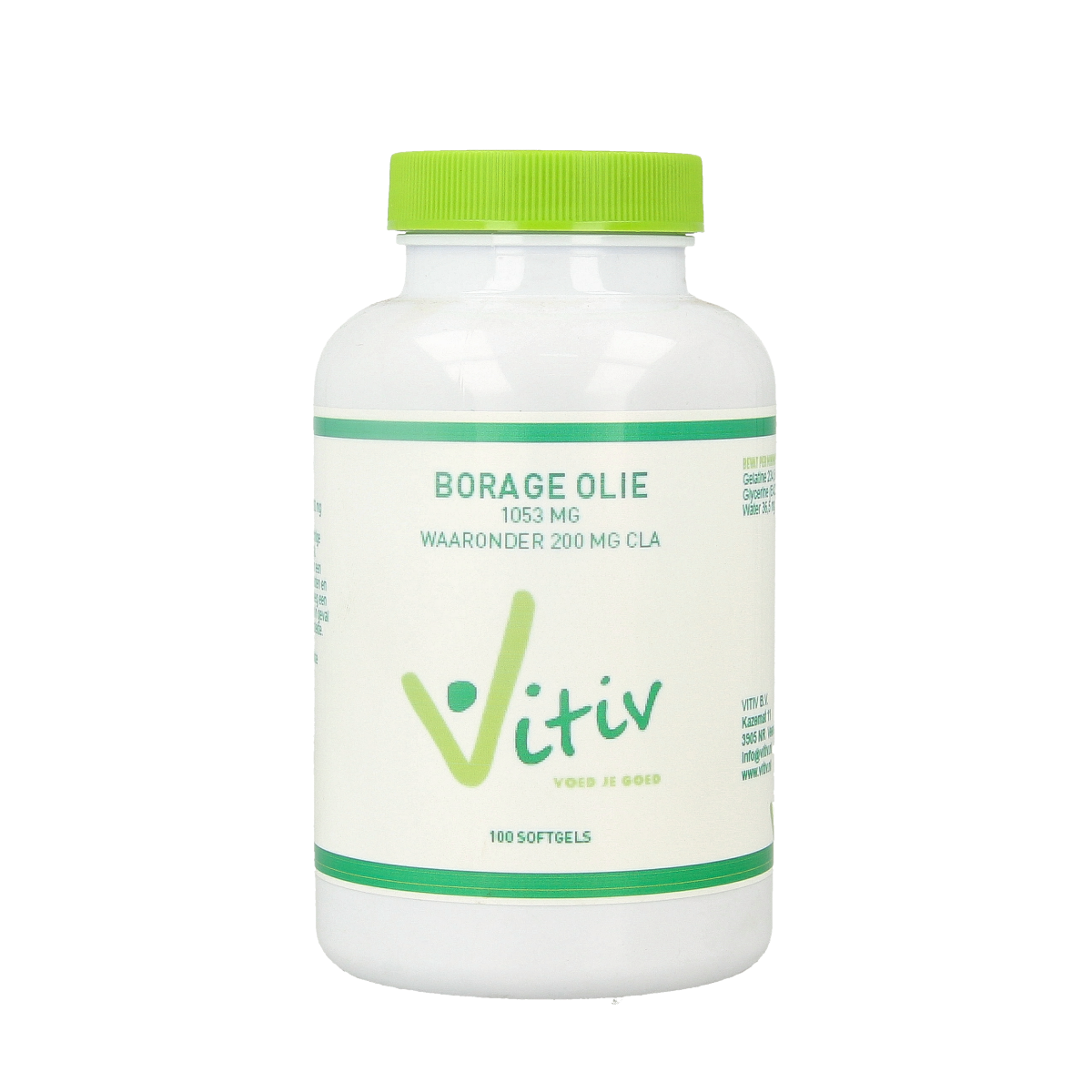 Vitiv Borage oil softgels, 100 softgels, dietary supplement with omega fatty acids, in clear softgel capsules.