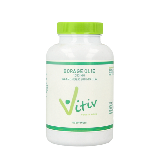 Vitiv Borage oil softgels, 100 softgels, dietary supplement with omega fatty acids, in clear softgel capsules.