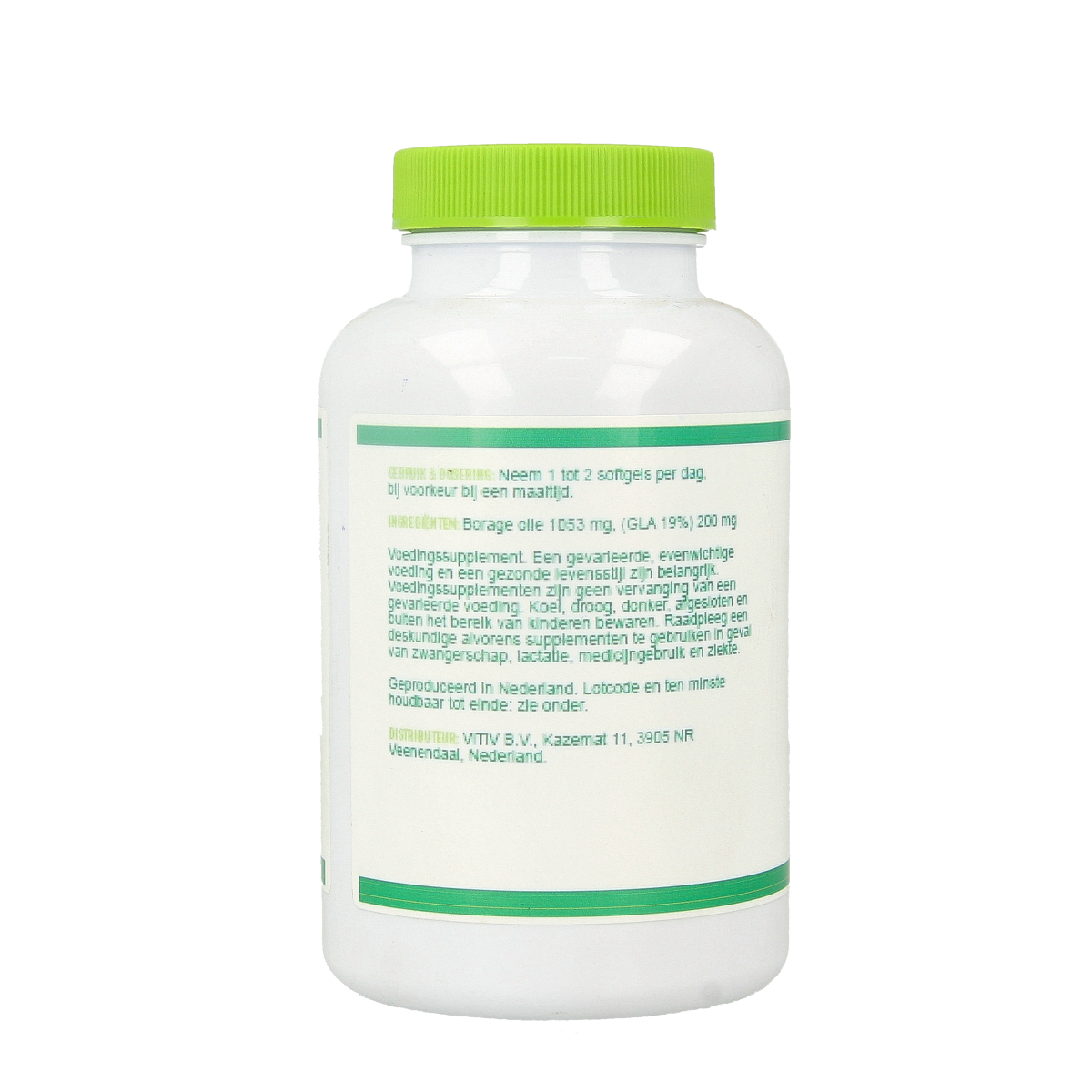 Vitiv Borage Oil 100 Softgels, dietary supplement in softgel capsules, with Vetzuren for skin and health benefits.