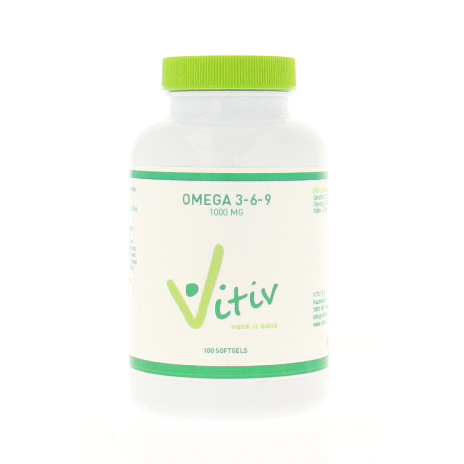 Vitiv Omega 3-6-9 Vetzuren softgels in a bottle, showing the softgel capsules for overall wellness and essential fatty acids.