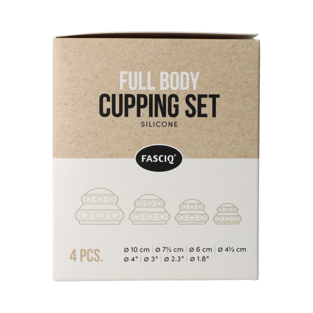 Fysiotape full body cupping set in box with 4 instrument cups for therapy and massage treatments.
