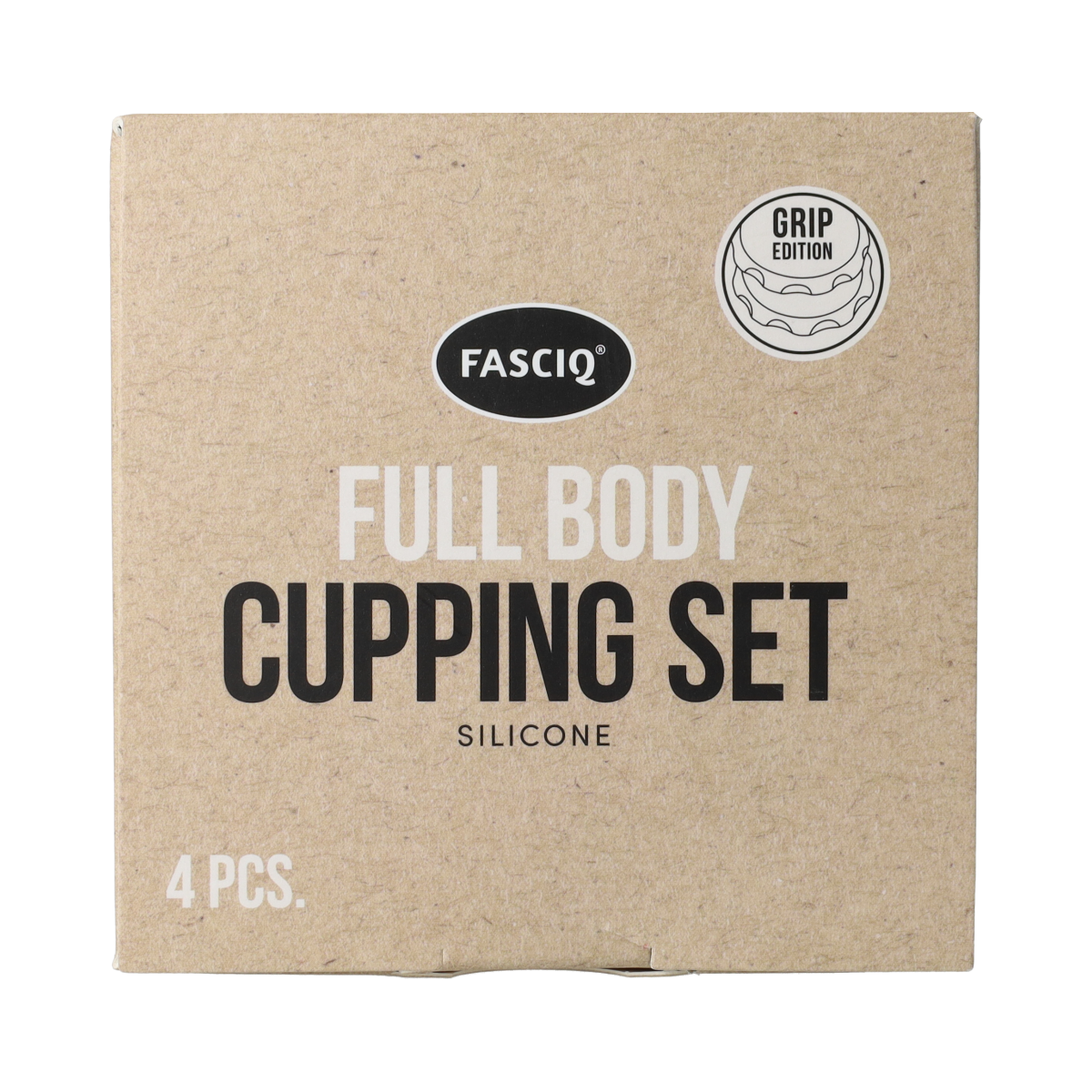 Fysiotape full body cupping set in box with four instruments, designed for physical therapy and massage therapy.