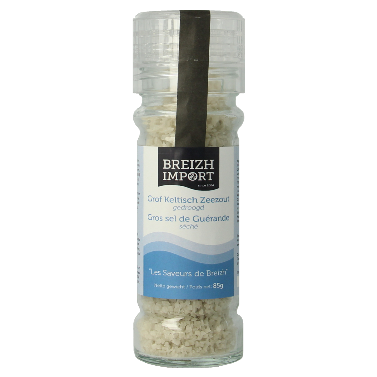 Breizh Import Grof Keltisch Zeezout gedroogd strooimolen, 85g, with coarse Celtic sea salt crystals on a white background.
