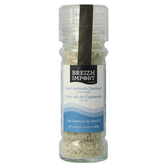 Breizh Import Grof Keltisch Zeezout gedroogd strooimolen, 85g, with coarse Celtic sea salt crystals on a white background.