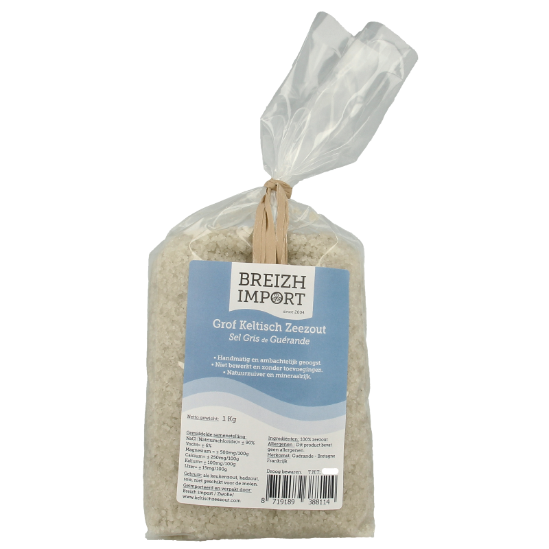 Breizh Import Grof Keltisch Zeezout 1kg, coarse Celtic sea salt for culinary use, shown in a clear image.