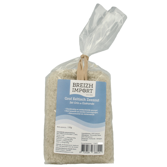 Breizh Import Grof Keltisch Zeezout 1kg, coarse Celtic sea salt for culinary use, shown in a clear image.