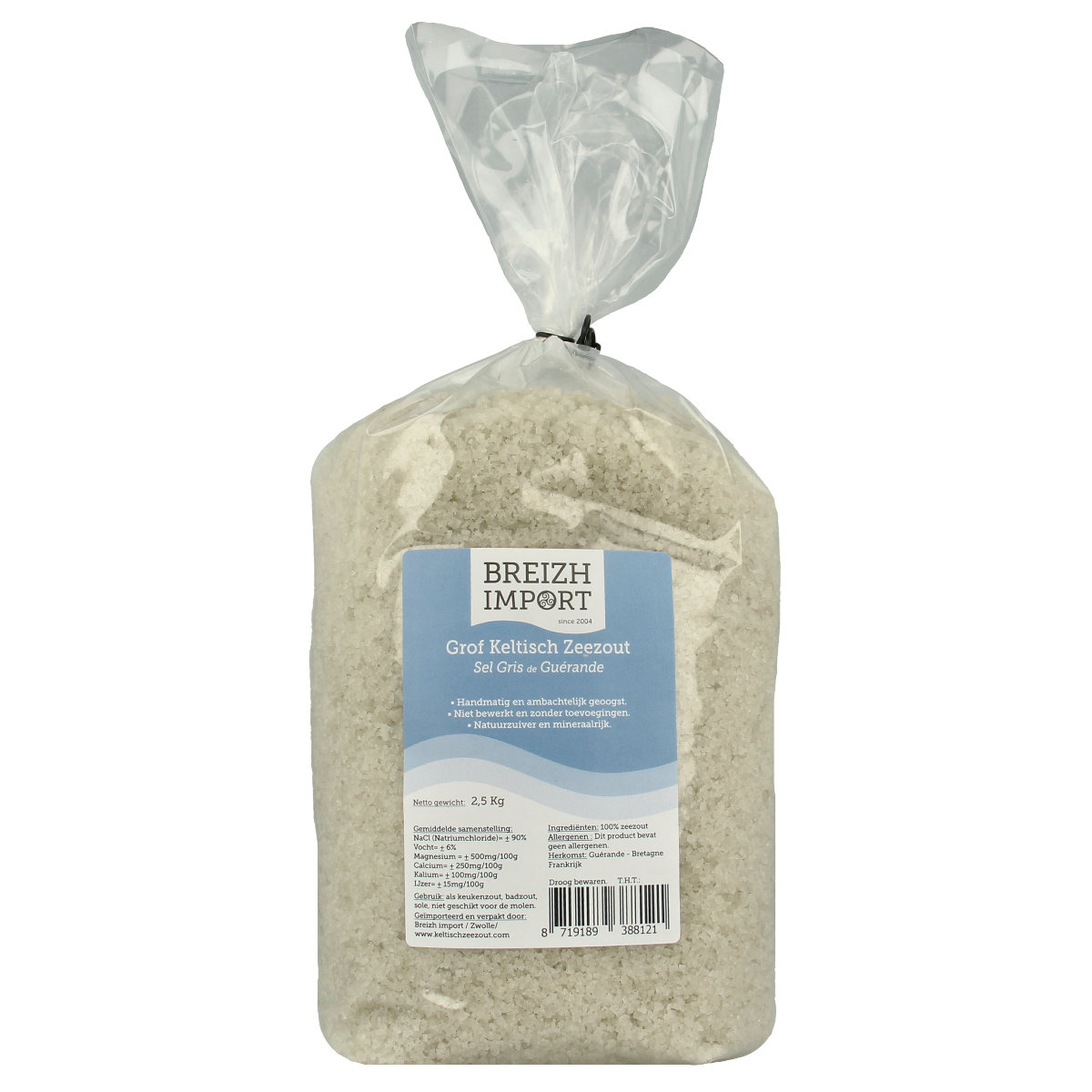 Breizh Import Grof Keltisch Zeezout in 2500g, coarse Celtic sea salt for culinary use, natural mineral-rich seasoning.