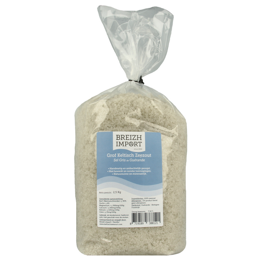 Breizh Import Grof Keltisch Zeezout in 2500g, coarse Celtic sea salt for culinary use, natural mineral-rich seasoning.
