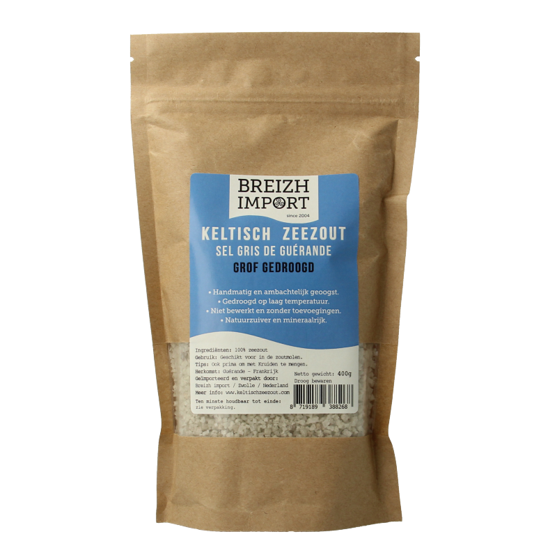 Breizh Import Grof Keltisch zeezout gedroogd in navulzak, 400g, natural sea salt for cooking and seasoning.