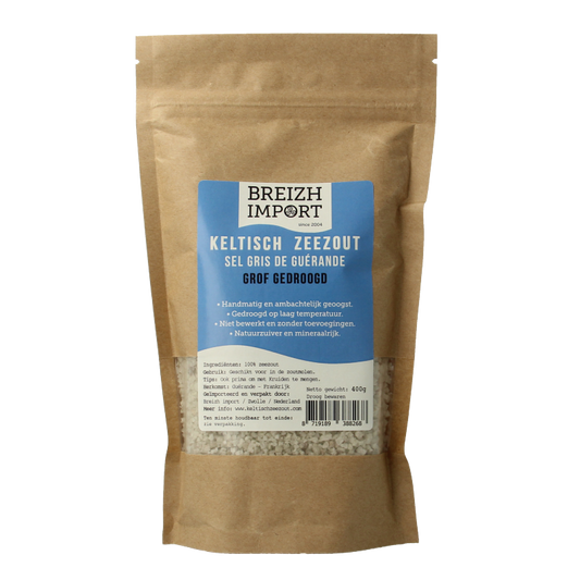 Breizh Import Grof Keltisch zeezout gedroogd in navulzak, 400g, natural sea salt for cooking and seasoning.