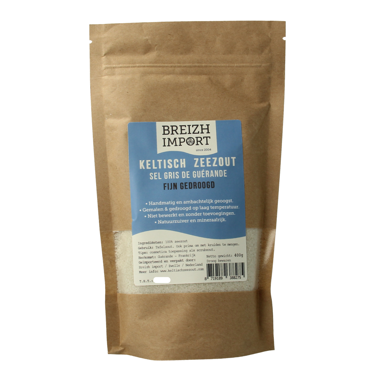 Breizh Import Fijn Keltisch Zeezout in 400g, fine sea salt crystals suitable for culinary use, branded by Breizh Import.