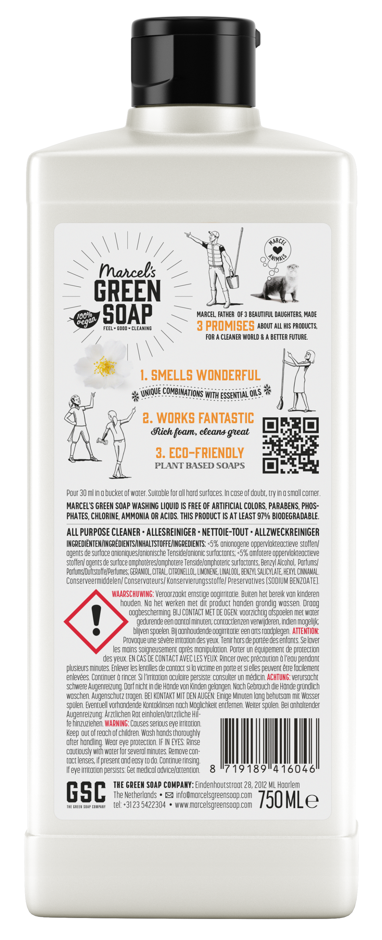 Marcel's Green Soap allesreiniger in sinaasappel en jasmijn, 750 ml, schoonmaakmiddel met natuurlijke ingrediënten in een plastic fles