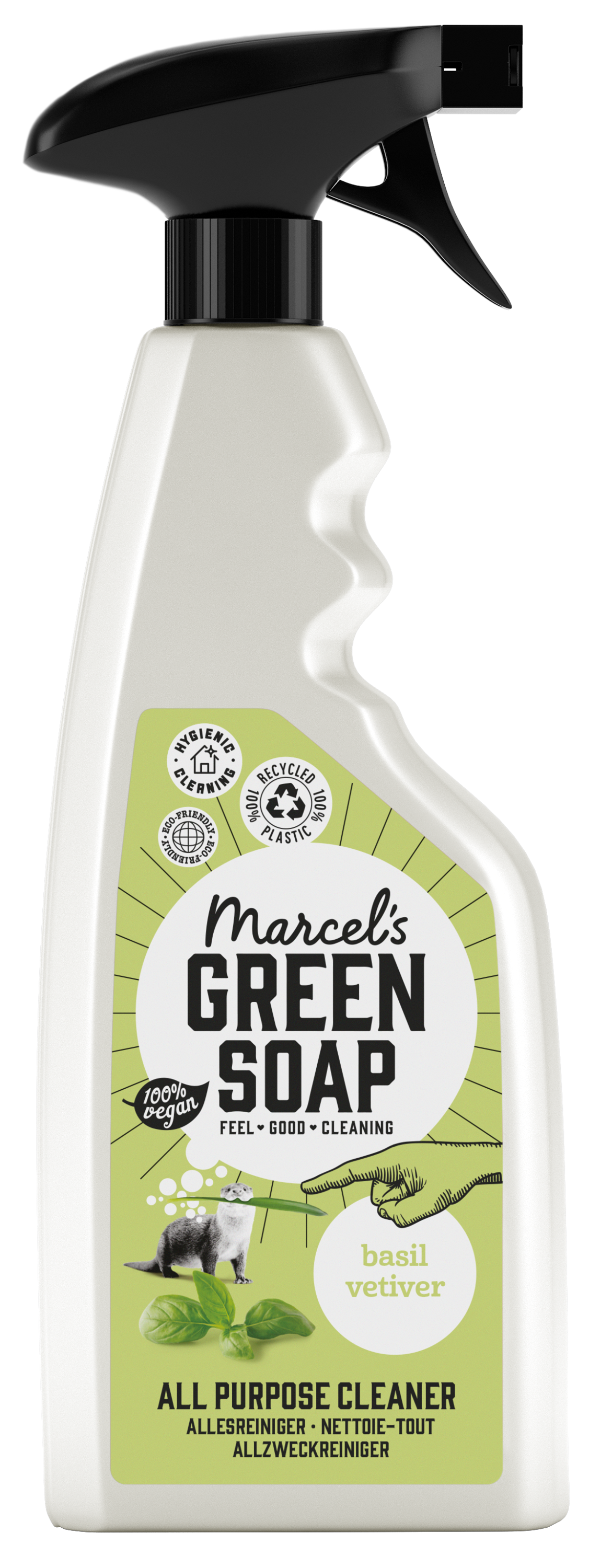 Marcel's Green Soap Allesreiniger spray with basilicum and vetiver in a 500ml bottle, used for cleaning and freshening surfaces.