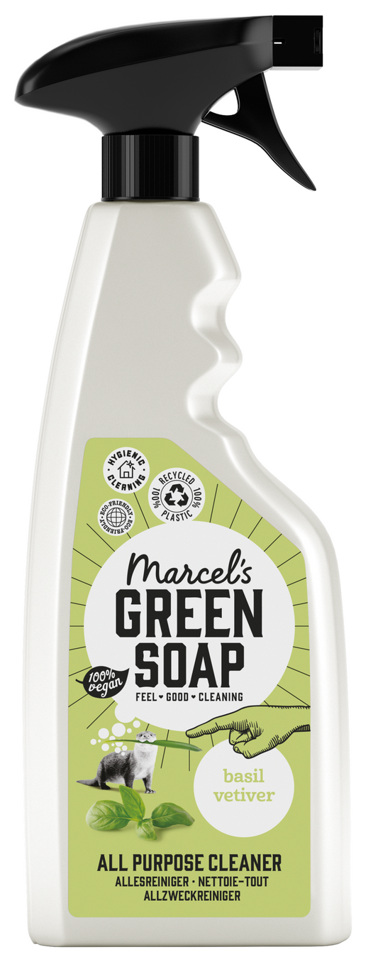 Marcel's Green Soap Allesreiniger spray with basilicum and vetiver in a 500ml bottle, used for cleaning and freshening surfaces.