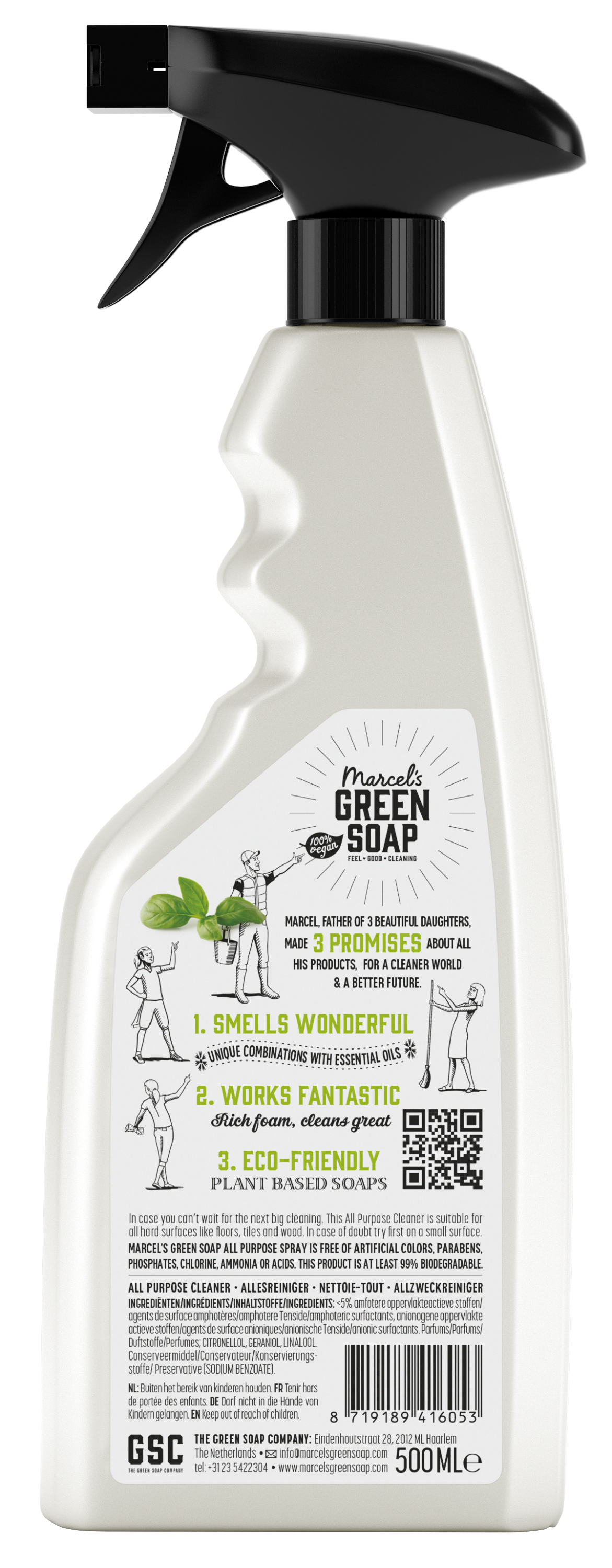 Marcel's Green Soap Allesreiniger spray with basilicum and vetiver in a 500ml bottle, used for versatile cleaning and freshening.