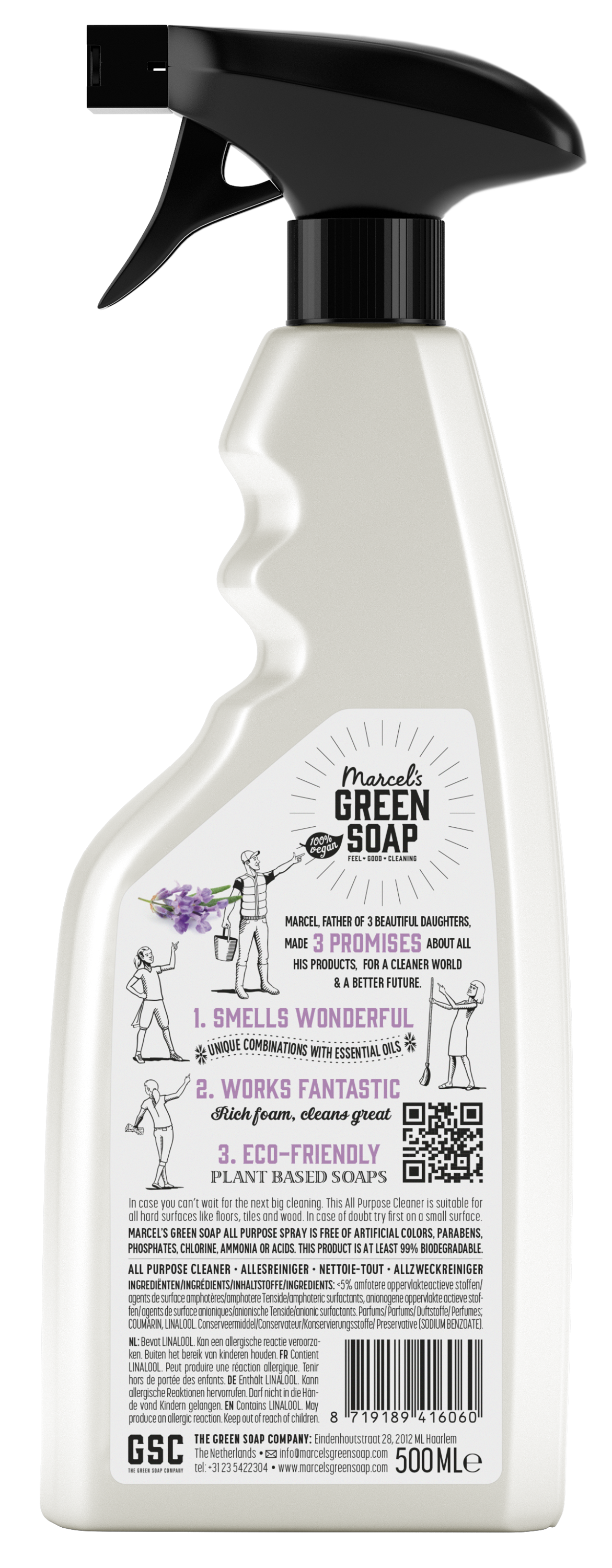 Marcel's Green Soap allesreiniger spray with lavender and rosemary in a 500ml bottle, suitable for cleaning surfaces.