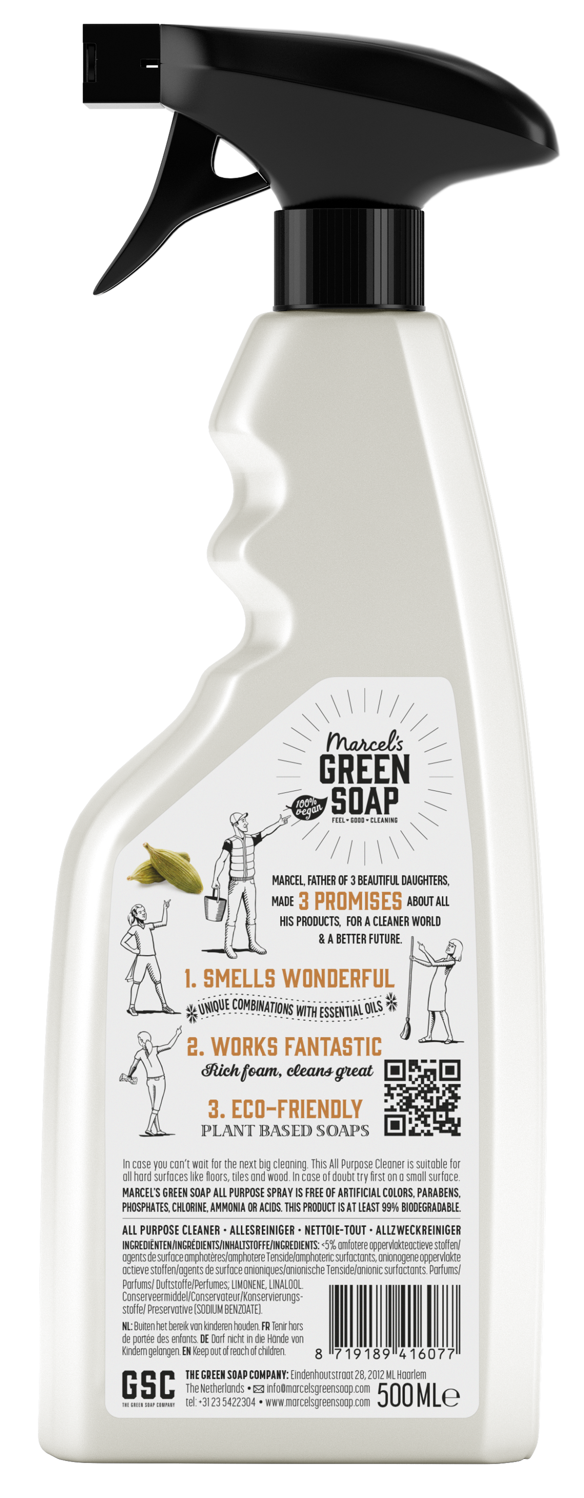 Marcel's Green Soap Allesreiniger spray with sandalwood and cardamom, 500ml, eco-friendly cleaning product in a spray bottle.