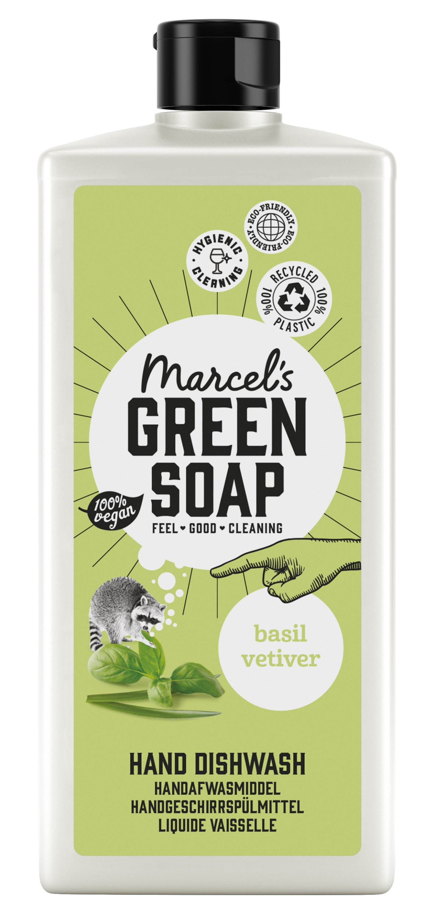 Marcel's Green Soap basilicum and vetiver dish soap in a 500ml bottle, eco-friendly afwasmiddel with fresh herbal scent.