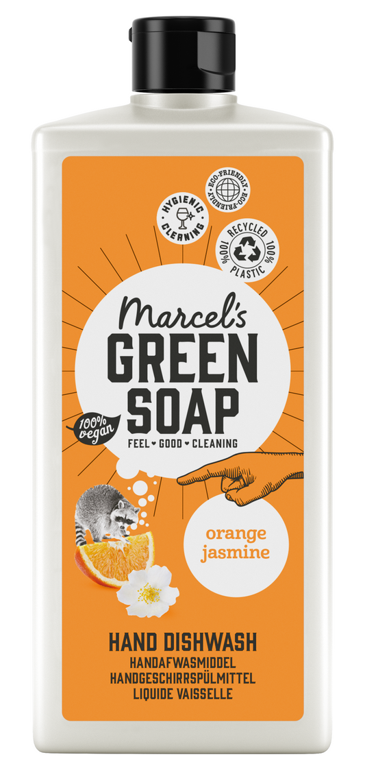 Marcel's Green Soap orange and jasmine dishwashing liquid in a 500ml bottle, natural dish soap for cleaning dishes.