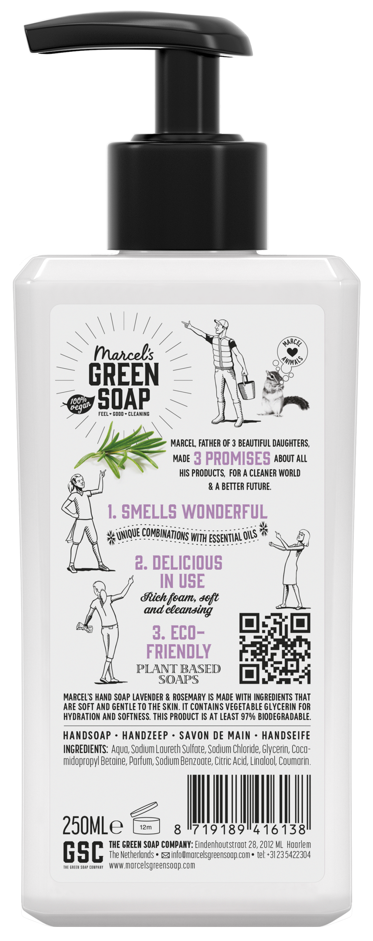 Marcel's Green Soap lavender and rosemary hand soap in a 250ml pump bottle, designed for gentle hand care and cleansing.