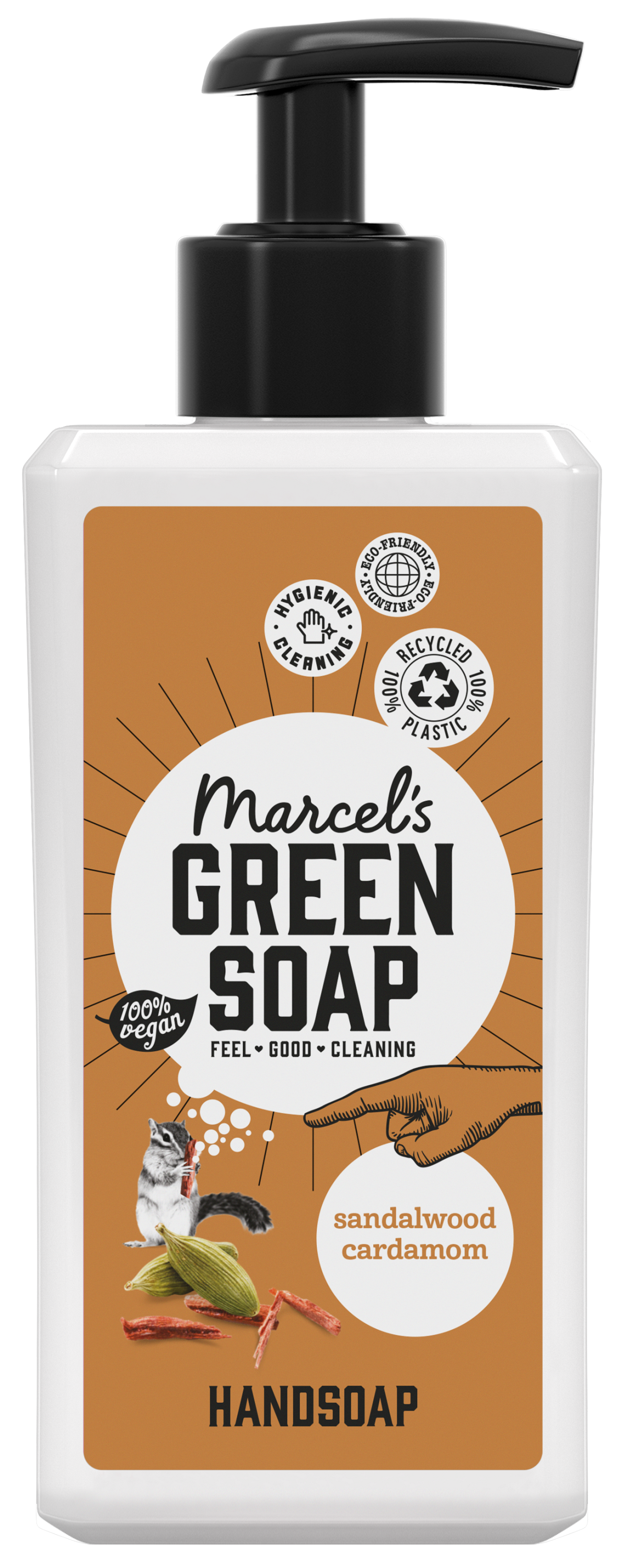 Marcel's Green Soap sandalwood and cardamom hand soap in 250ml bottle, natural hand care product, with green and beige packaging.