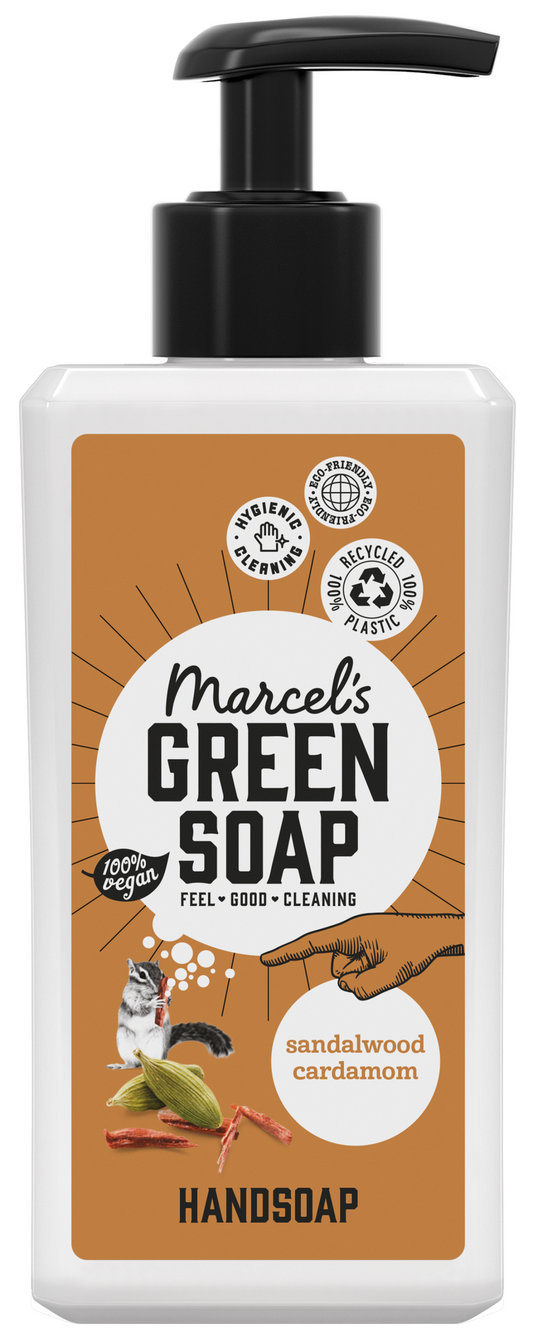 Marcel's Green Soap sandalwood and cardamom hand soap in 250ml bottle, natural hand care product, with green and beige packaging.